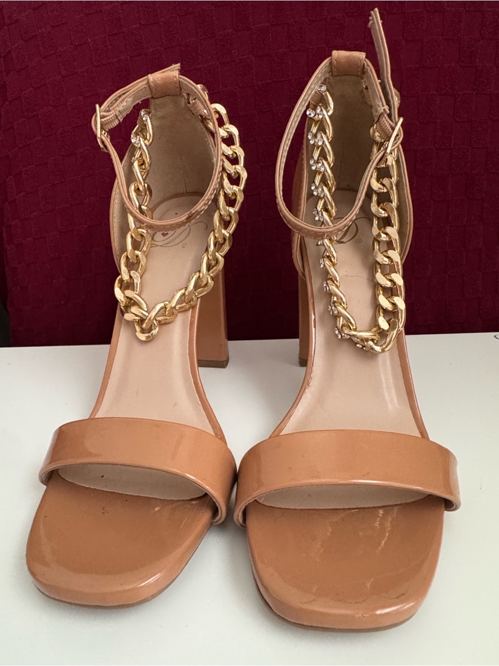 Women's Tan Heeled Sandals with Gold Chain Accent